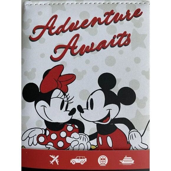 Disney Passport Holder Mickey Minnie Mouse Adventure Awaits White Red NEW - Picture 2 of 6